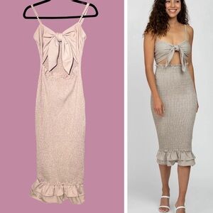 Mable Smocked Gingham Midi Dress with Front Tie, Front Cut-Out, & Ruffle Hem, S